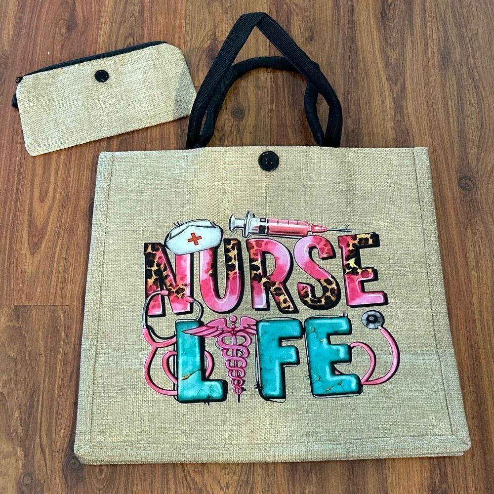 nurses life adorable jute tote bag pink green tan with matching pouch great gift